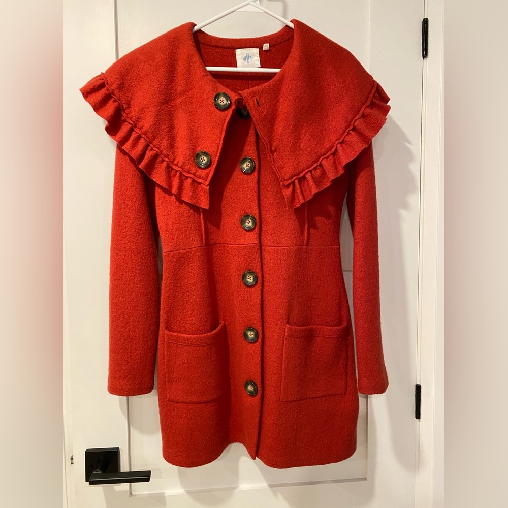 Anthropologie - Red Ruffled Wool Collar Coat